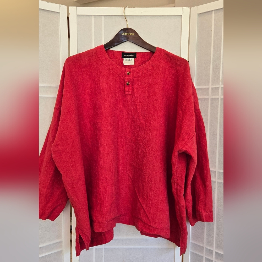 Eskandar Rich Red Boxy Linen Top Lagenlook